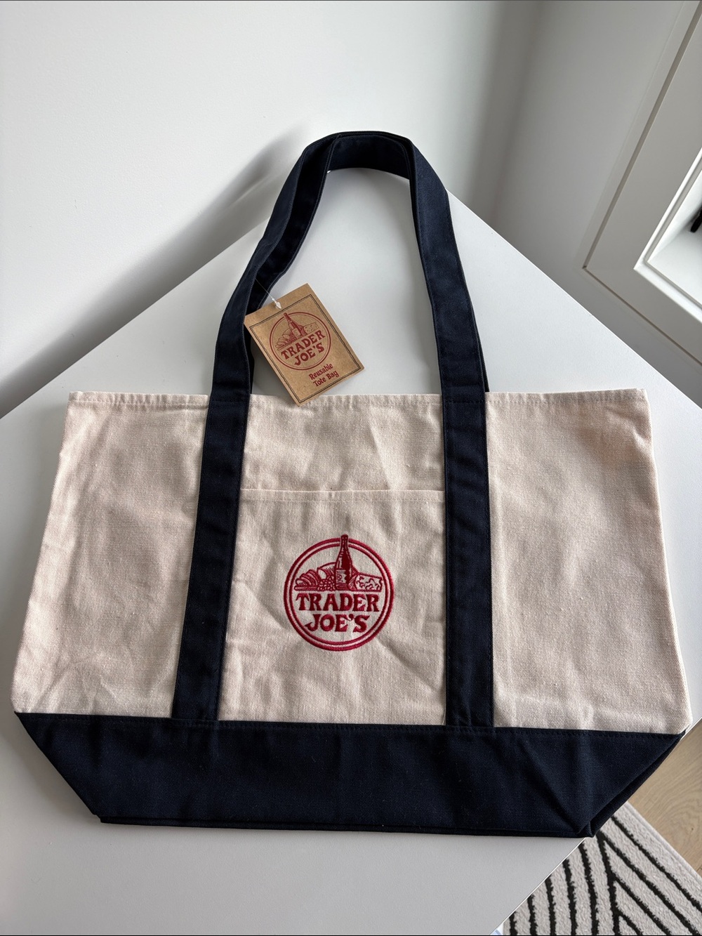 Trader Joe’s Large Canvas Tote Bag Cream Navy NWT